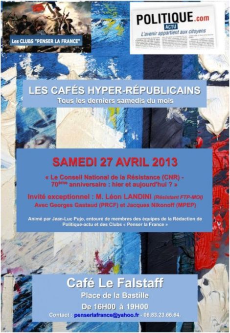 Samedi 27 avril 2013 : 23ème Café hyper-républicain – « Le Conseil National de la Résistance (CNR), 70 ans après : l’ancien et le moderne »