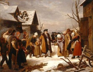 Louis XVI distribuant des aumônes pendant l’hiver 1788 alors que les impôts pèsent uniquement sur le Tiers Etat pendant que clergé et noblesse en sont exemptés.  Un peu plus d’un an plus tard, c’est la révolution française, l’abolition des privilèges et la monarchie absolue s’effondre.