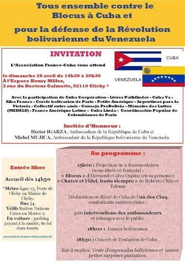Rencontre débat : Tous ensemble contre le blocus de Cuba et pour la défense de la révolution bolivarienne – Clichy 26 avril 2015