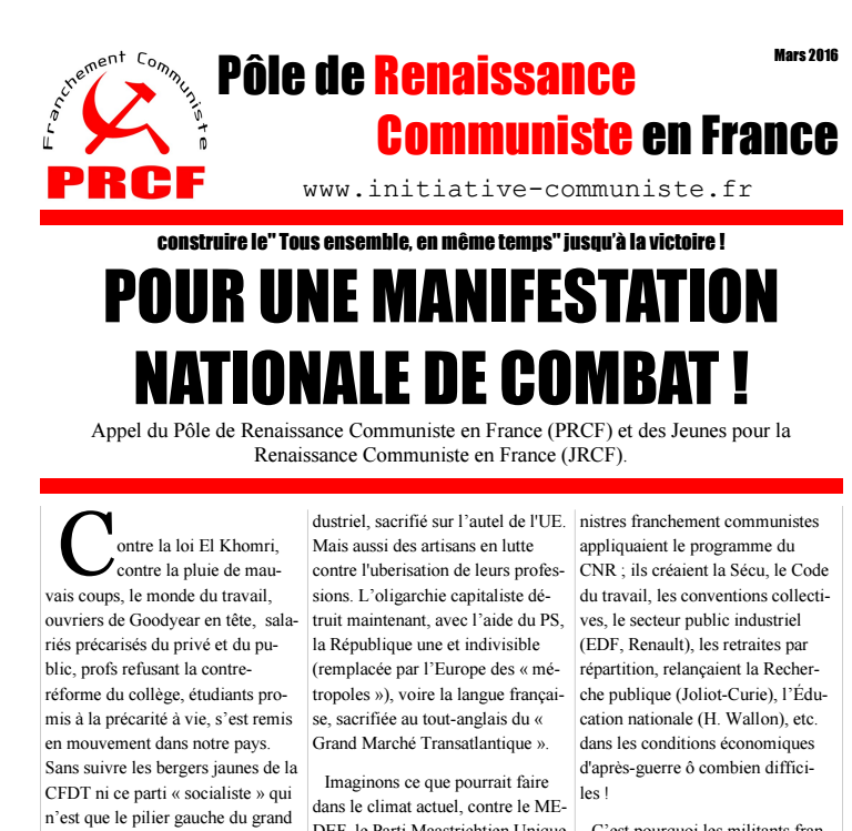 Pour une manifestation nationale de combat #loitravailnonmerci – Appel du PRCF