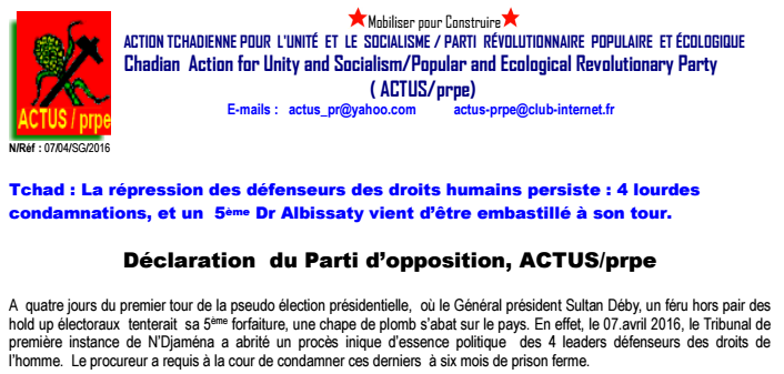 Répression des défenseurs des droits de l’homme au Tchad !