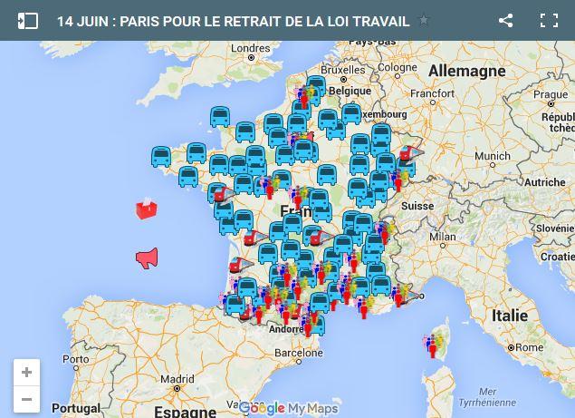Carte : Les bus pour la manifestation du 14 juin pour le retrait de la Loi Travail ! #manif14juin #loitravail