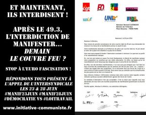 interdiction de manifester 23 avril lettre CGT