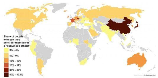 La carte du
            Washington Post à partir des données de l'étude Gallup
            montre la place des pays les plus athées dans le monde. 