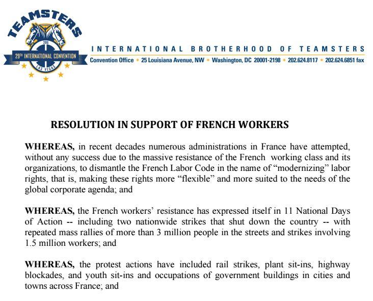 #Teamster : Les syndicalistes américains soutiennent la lutte contre la Loi El Khomri #LoiTravail