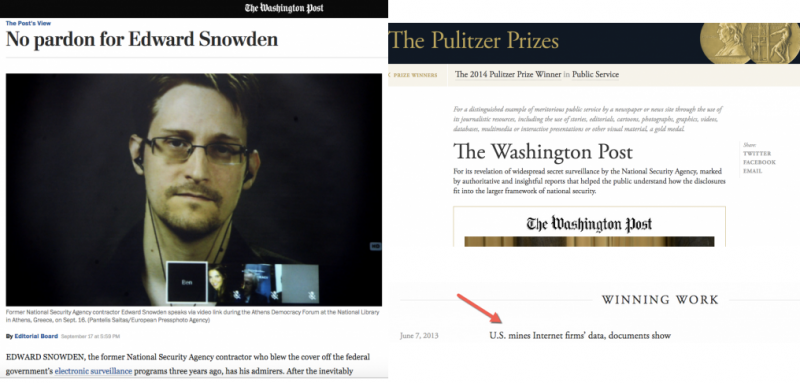 Scandale : Le Washington Post demande l’inculpation de Snowden, la source qui lui a permis d’obtenir le prix Pulitzer !