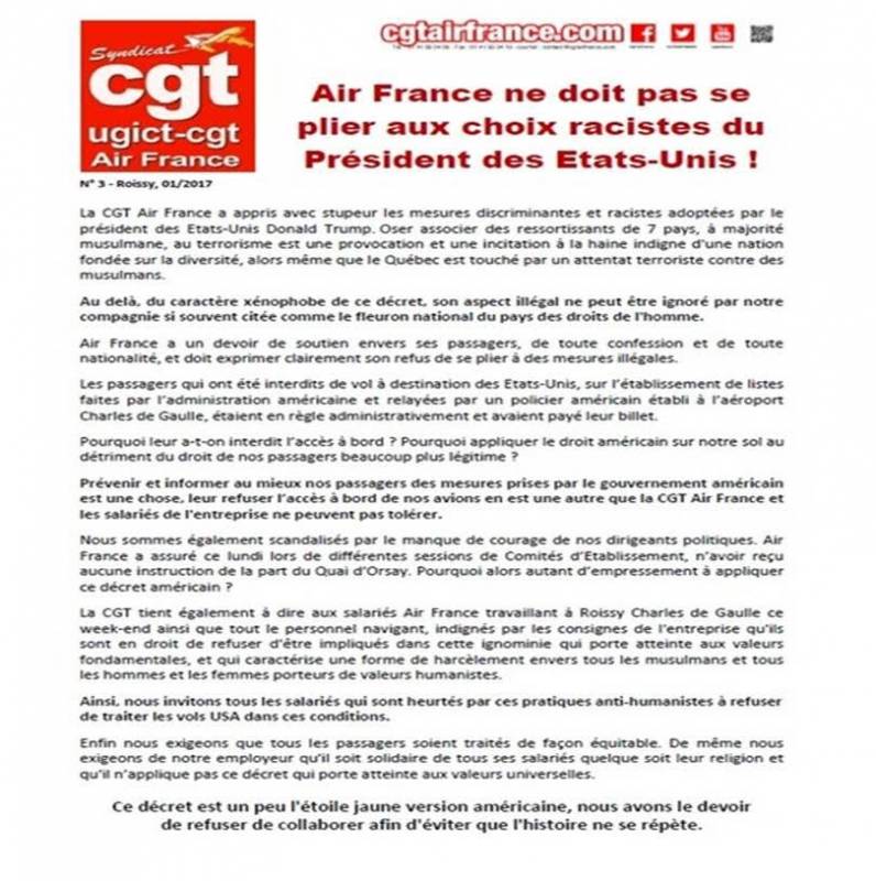 Soutien au communiqué patriotique et internationaliste de la CGT d’Air-France contre les actes discriminatoires de Trump et des dirigeants d’Air-France