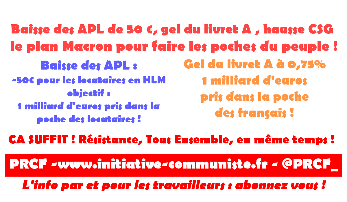 Baisse des APL de 50 €, gel du livret A : le plan Macron pour faire les poches du peuple !
