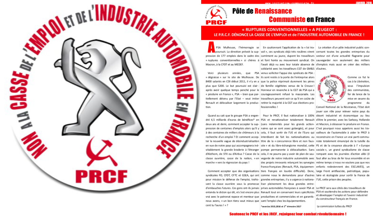 « RUPTURES CONVENTIONNELLES » A PEUGEOT : LE P.R.C.F. DENONCE LA TRAHISON DES « SYNDICATS » QUI « ACCOMPAGNENT » LA CASSE DE L’EMPLOI et de l’INDUSTRIE AUTOMOBILE EN FRANCE ! #tract