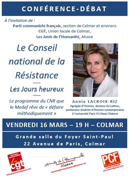 #Colmar  retour sur le programme les jours heureux que Macron MEDEF veut défaire avec A Lacroix-Riz [Conférence Débat 16 mars 19h]