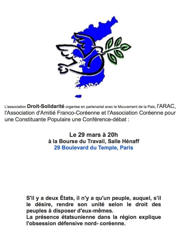 « LA CORÉE ENTRE INTOX ET VÉRITÉ » Jeudi 29 mars à 20h, Bourse du Travail, salle Hénaff, 29 Bd du Temple Paris 3e