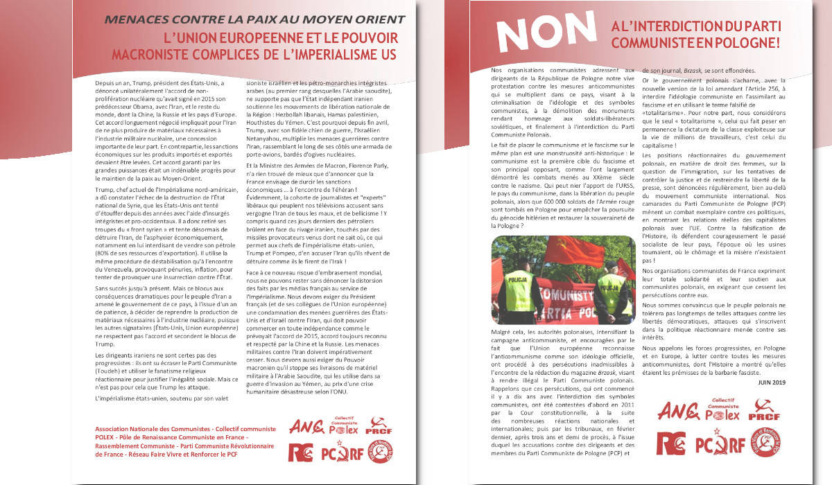 Non à l’interdiction du Parti Communiste en Pologne ! Moyen Orient : L’UE et Macron, complices de l’impérialisme US ! Déclarations communes ANC, POLEX, PRCF, PCRF, FVR-PCF, RC