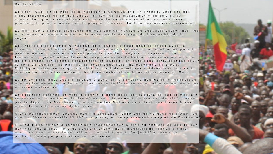 Mali et France : SADI et PRCF solidaires !