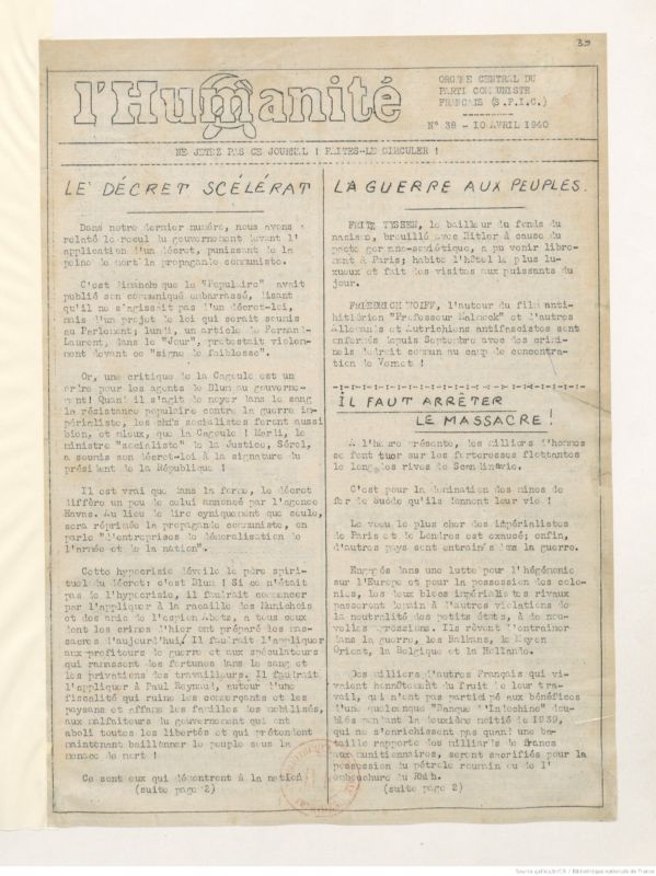 Landini -  Lettre ouverte de Léon Landini aux dirigeants des associations se réclamant de la mémoire de la résistance et de la déportation. LHumanite_-_organe_central_du_...Parti_communiste_bpt6k879173n_1