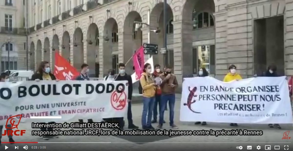 Mobilisation de la jeunesse contre la précarité, la prise de parole de Gilliat pour les JRCF à Rennes, en vidéo