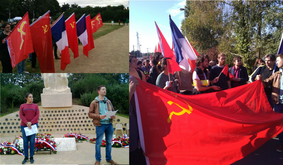 Chateaubriant, les communistes avec le PRCF et les JRCF ont rendu hommage aux héros résistants communistes. Avec leur drapeau rouge.