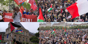 Stopper le génocide, dénoncer ses causes, les militants des JRCF et du PRCF présents dans les manifestations massives partout en France.
