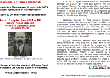 Hommage à Thomas Olszanski Responsable de la Main-d’œuvre étrangère à la CGTU, Militant communiste et internationaliste [17/09 – Lallaing)