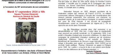 Hommage à Thomas Olszanski Responsable de la Main-d’œuvre étrangère à la CGTU, Militant communiste et internationaliste [17/09 – Lallaing)