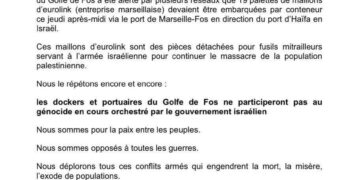 Le PRCF salue la décision exemplaire des dockers de Fos : un acte de résistance contre le génocide et l’impérialisme !